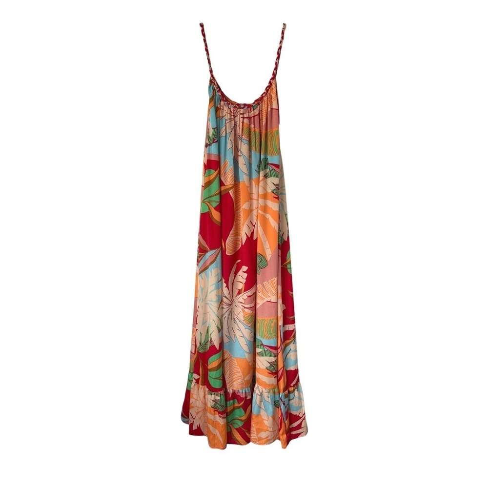 True Destinations Maxi Dress Colorful Tropical Floral Braided Neck Relaxed Flowy